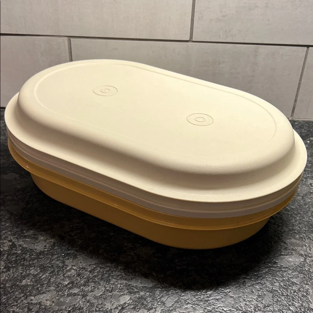 Tupperware Oval Server Cream and Harvest Gold Oval Container. NWOT